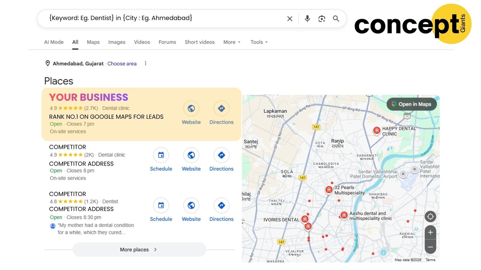 Your business ranked number one on Google Maps local search results